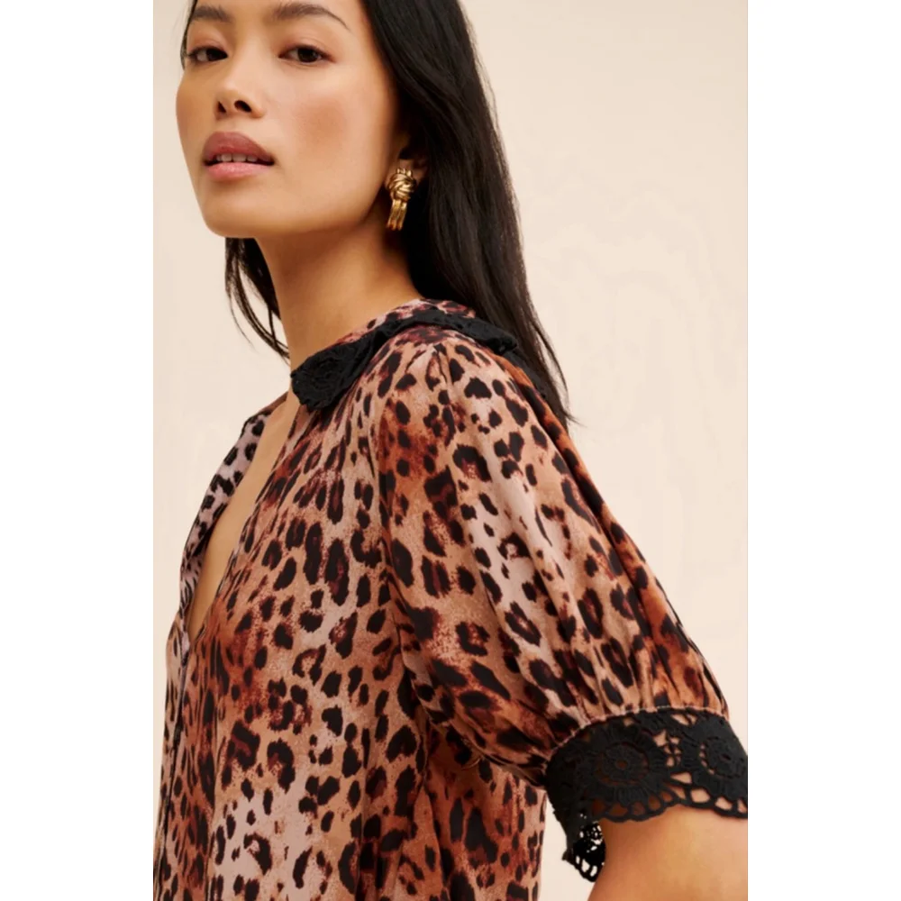 Free People My Love Printed Blouse Sz Small NWOT Brown Black Animal Print Retro - Picture 3 of 11
